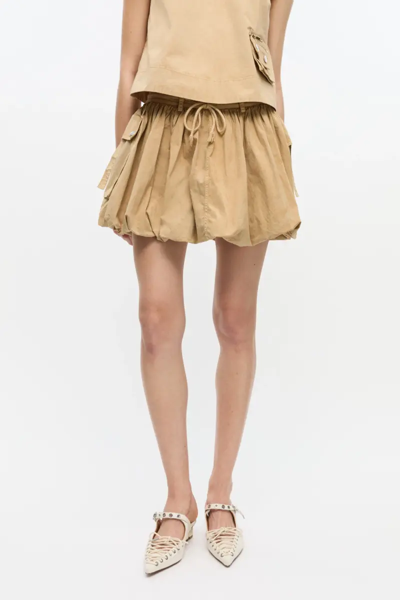 Beige Washed Cotton Mini Bubble Skirt