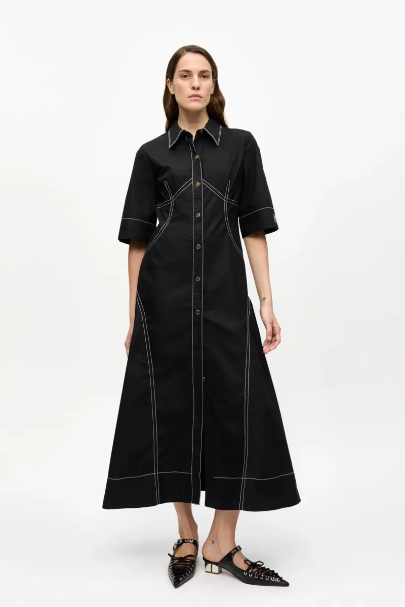 Black Cotton Poplin Shirt Dress