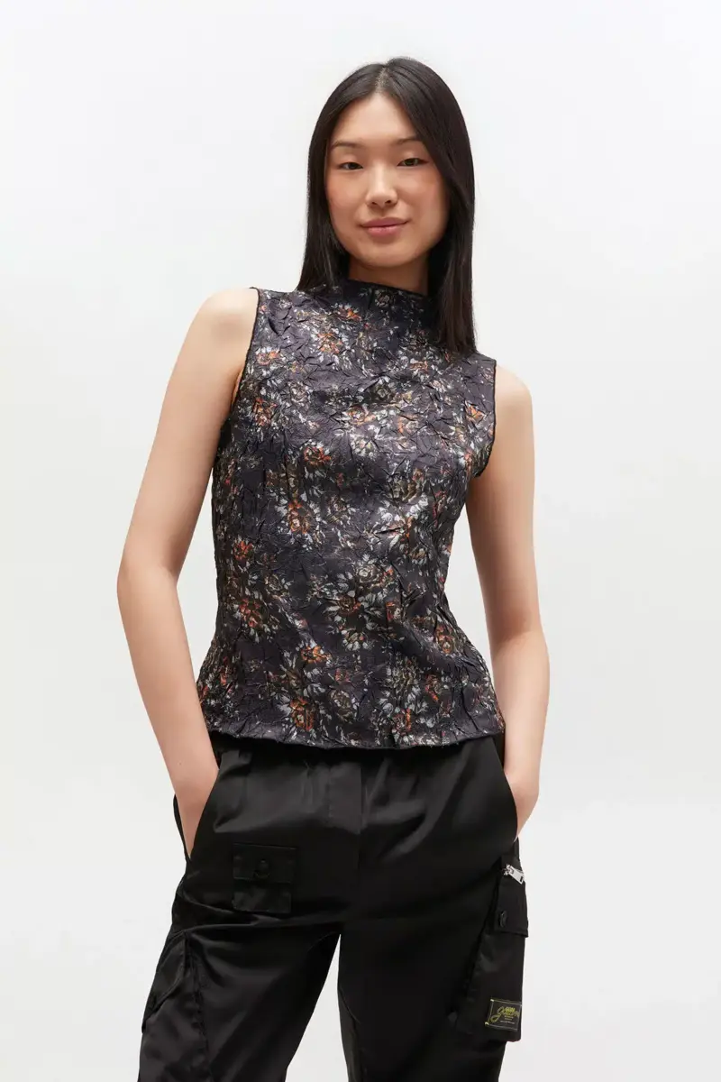 Black Floral High Neck Top