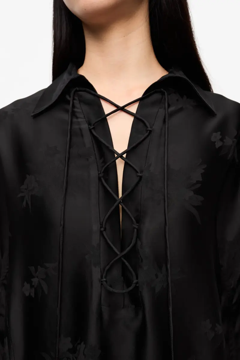 Black Satin Jacquard Tie String Shirt Black Satin Jacquard Tie String Shirt