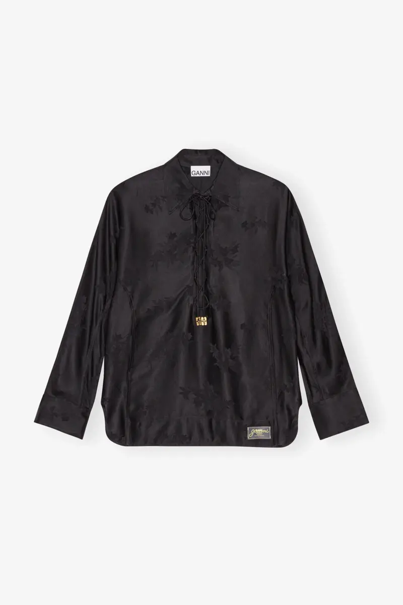 Black Satin Jacquard Tie String Shirt Black Satin Jacquard Tie String Shirt
