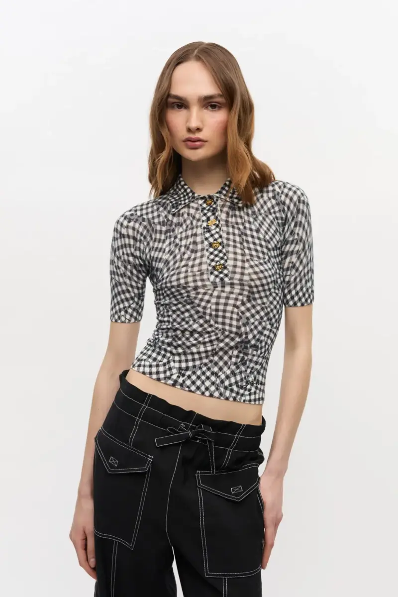 Black Sheer Cotton Printed Polo Shirt