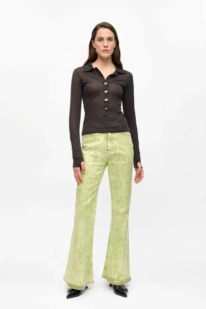 Black Sheer Mesh Jersey Buttoned Top