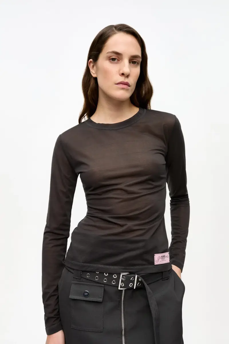 Black Sheer Mesh Jersey Long Sleeve Top