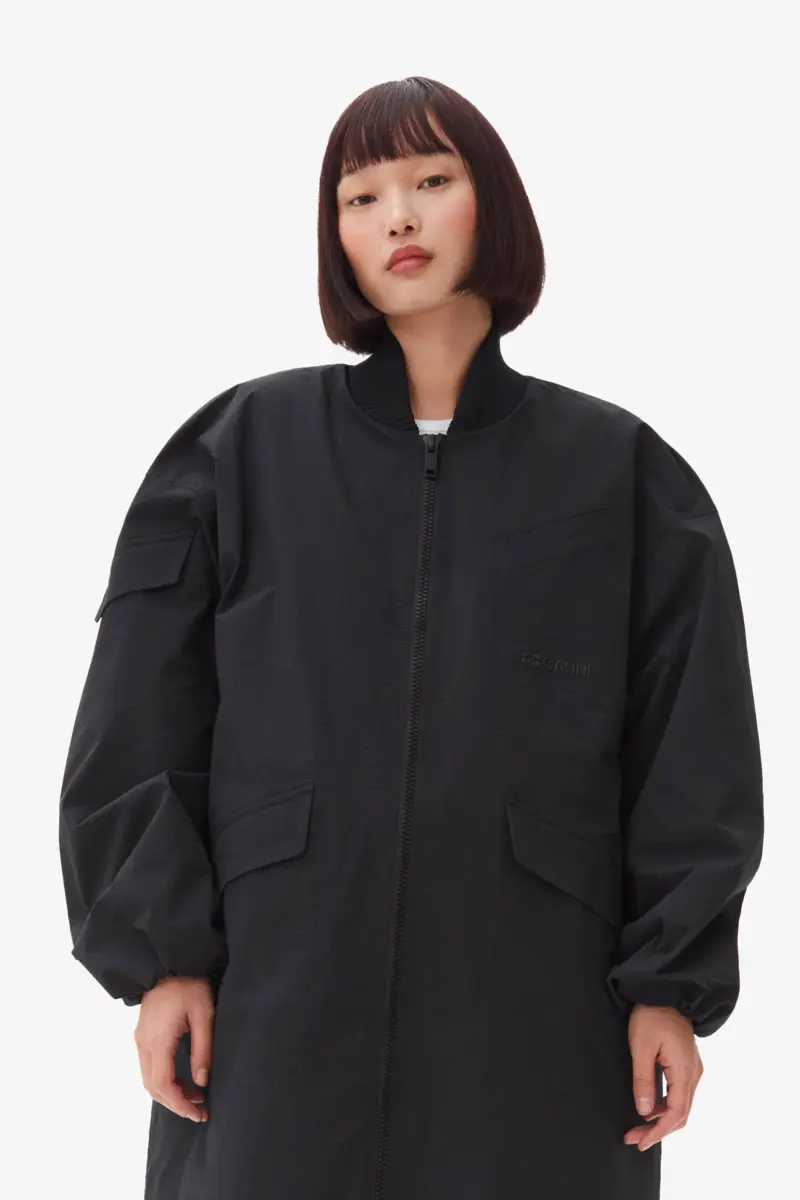Black Tech Seersucker Oversized Shell Coat