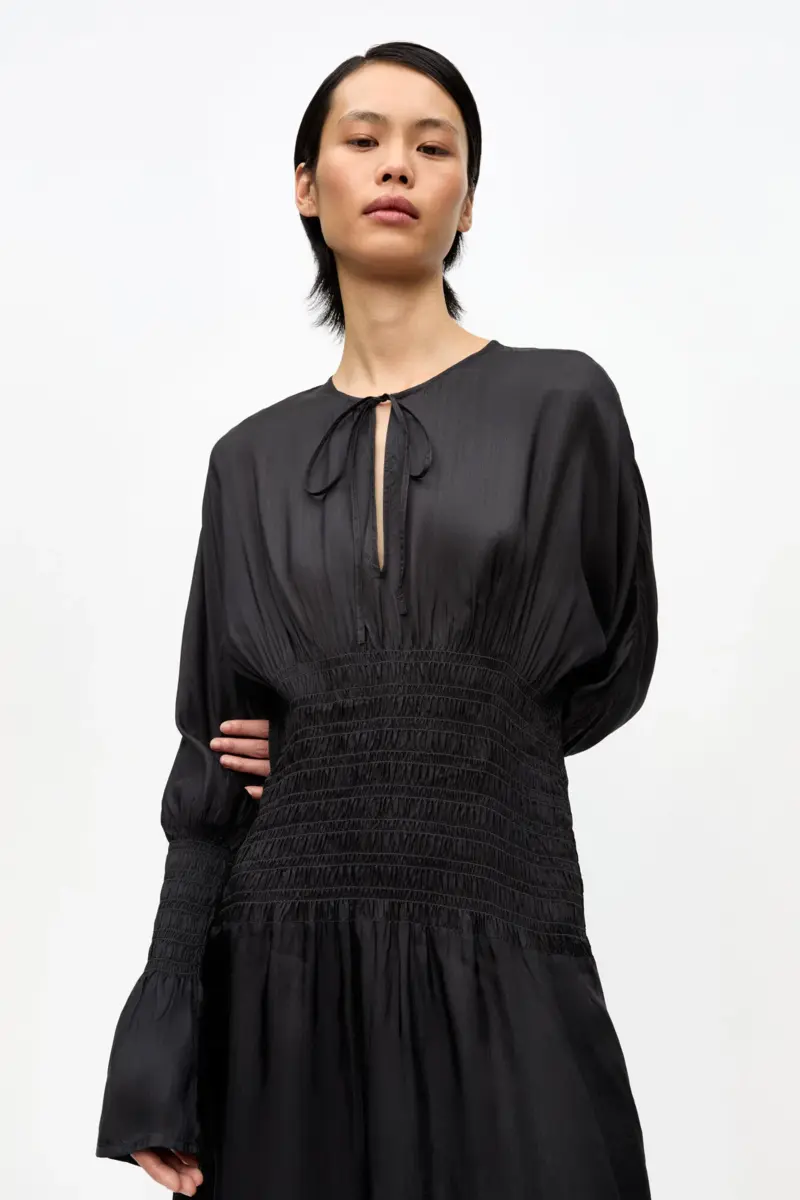 Black Viscose Habotai Smock Midi Dress Black Viscose Habotai Smock Midi Dress