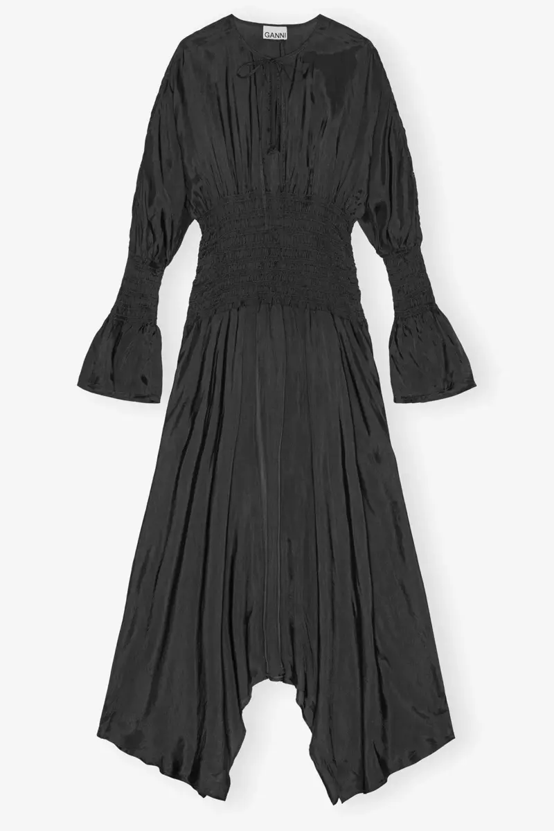Black Viscose Habotai Smock Midi Dress Black Viscose Habotai Smock Midi Dress