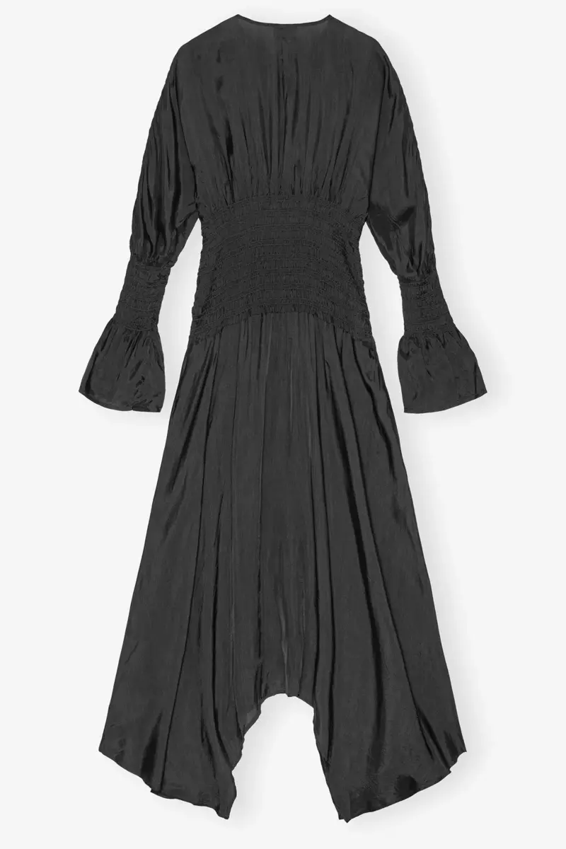 Black Viscose Habotai Smock Midi Dress Black Viscose Habotai Smock Midi Dress