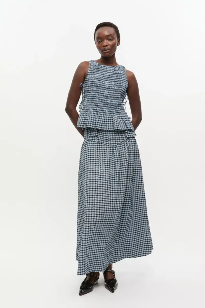Blue Seersucker Check Long Skirt