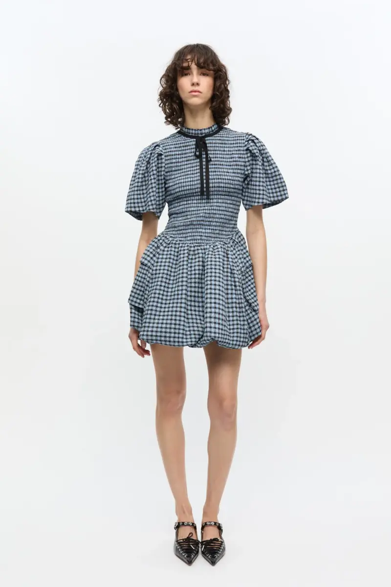 Blue Seersucker Check Mini Smock Dress