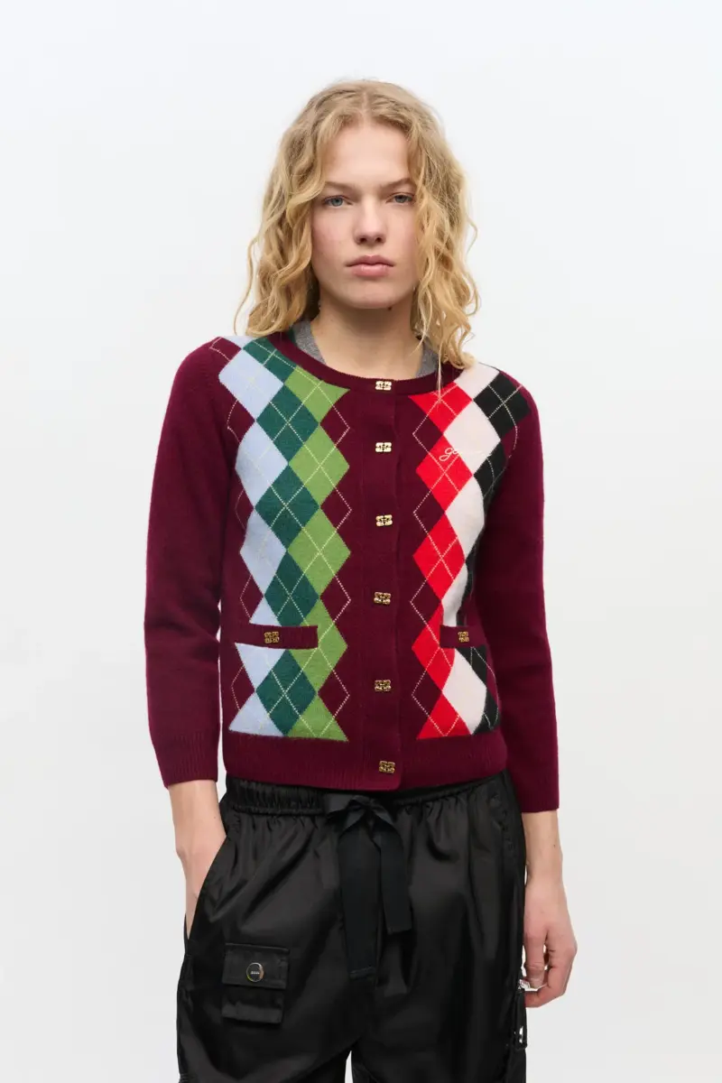 Burgundy Check Cardigan