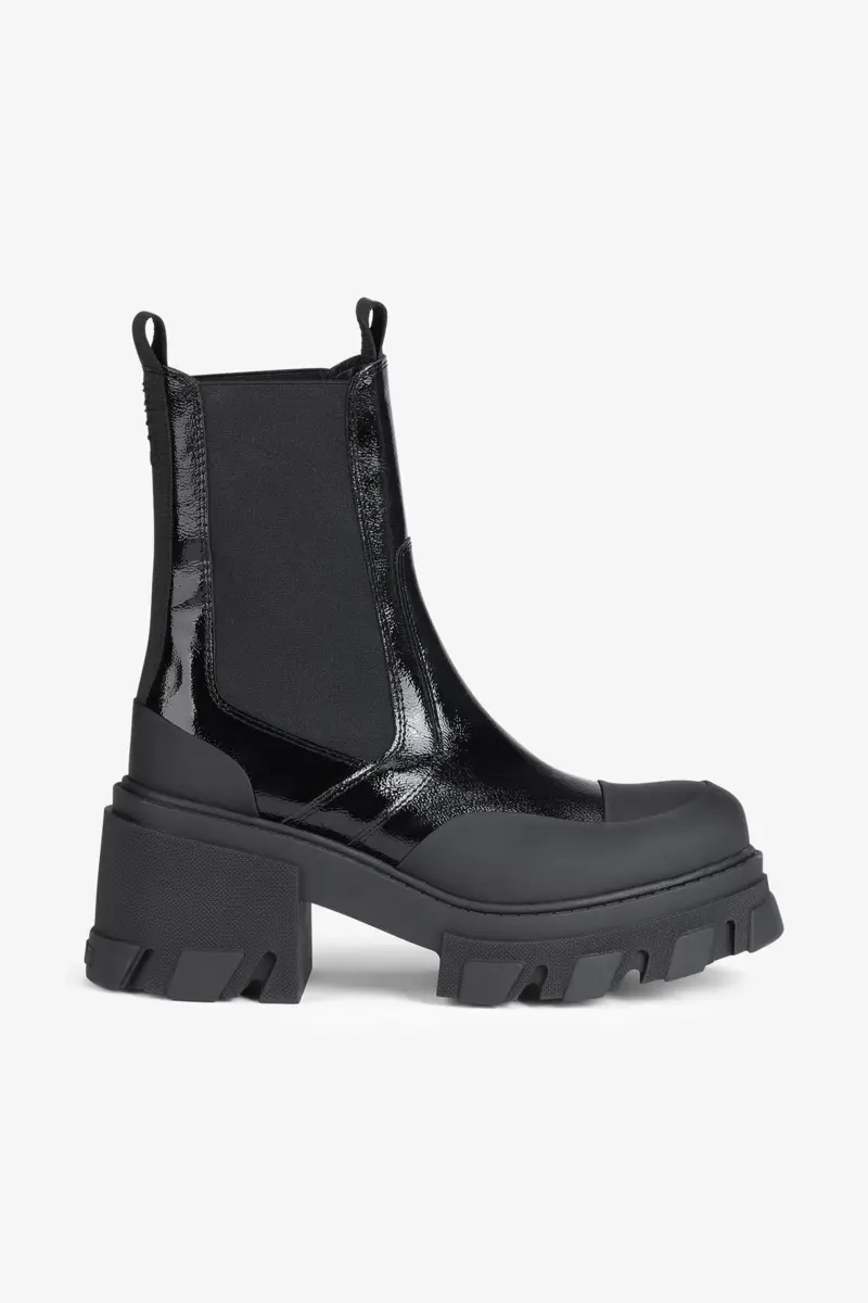 Cleated Heeled Mid Chelsea Boots in Black Naplack