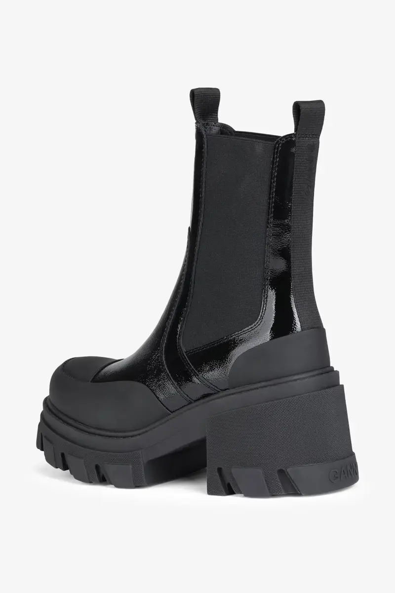 Cleated Heeled Mid Chelsea Boots in Black Naplack