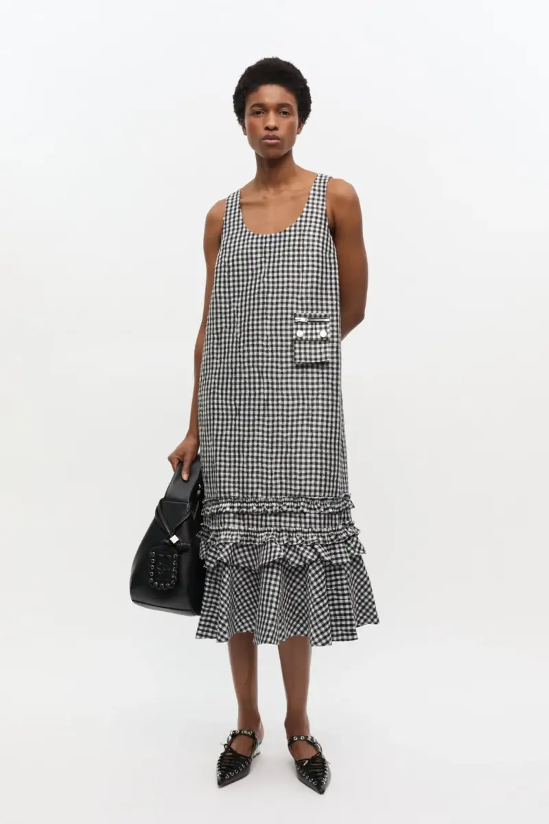 Crinkled Check Long Dress
