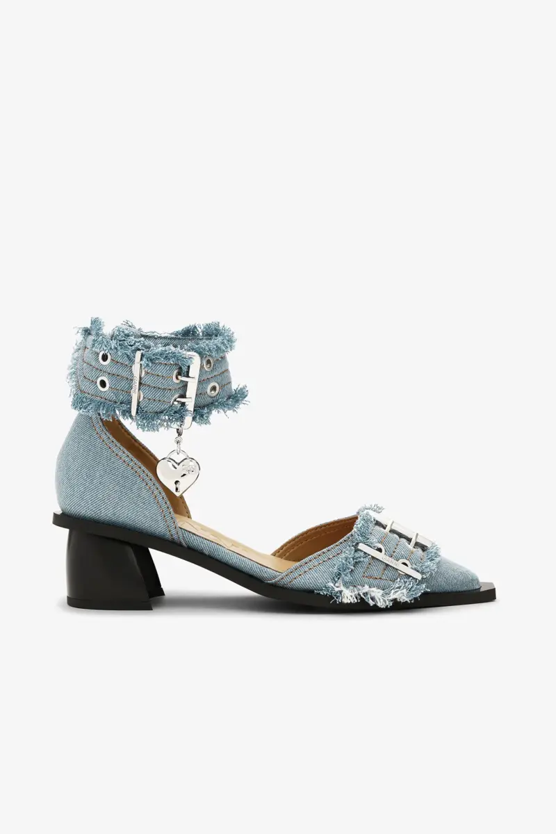 Feminine Buckle Open Cut Pumps in Blue Denim