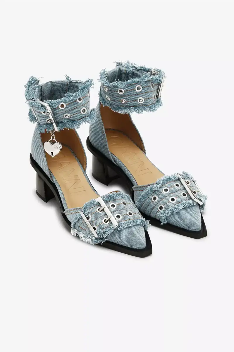 Feminine Buckle Open Cut Pumps in Blue Denim
