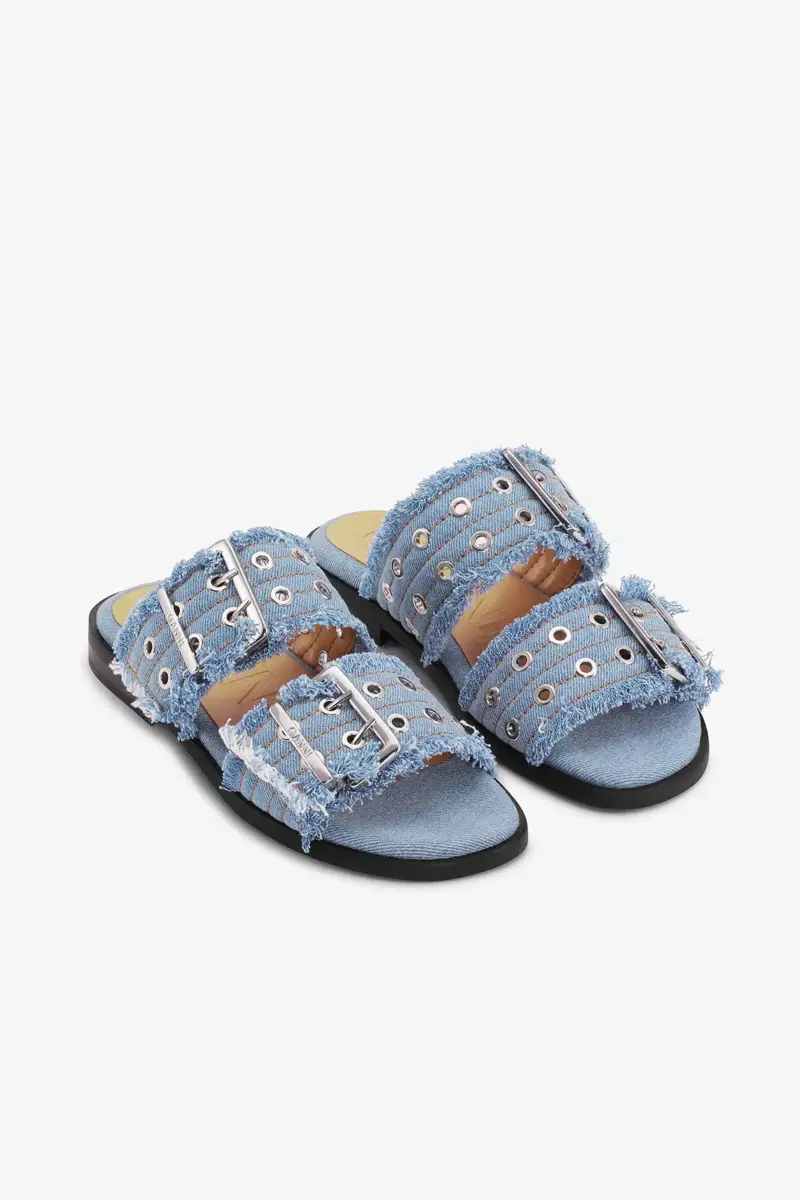 Feminine Buckle Two-Strap Sandals in Blue Denim Feminine Buckle Two-Strap Sandals in Blue Denim