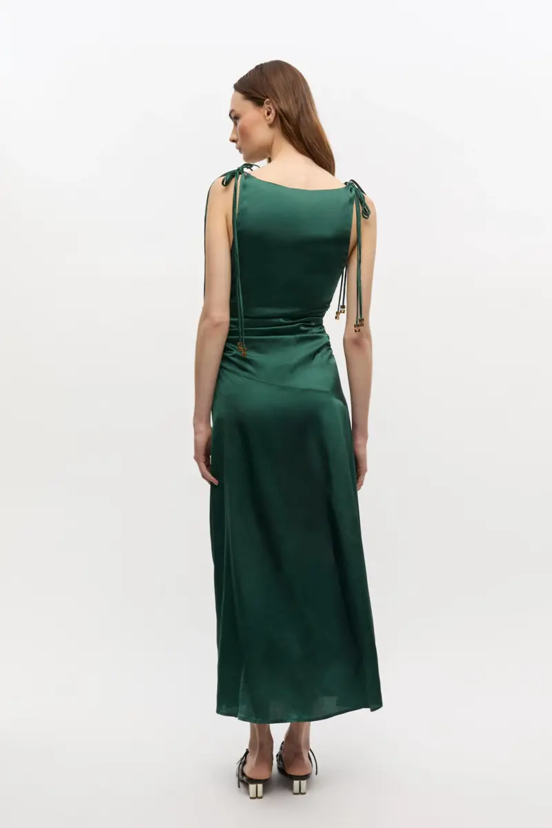Green Satin Gathered Dress
