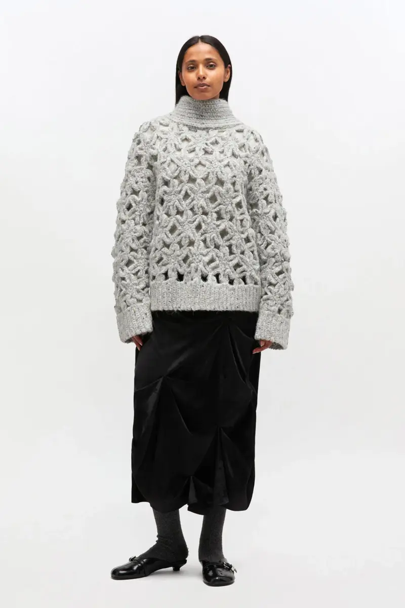 Grey Flower Crochet Sweater