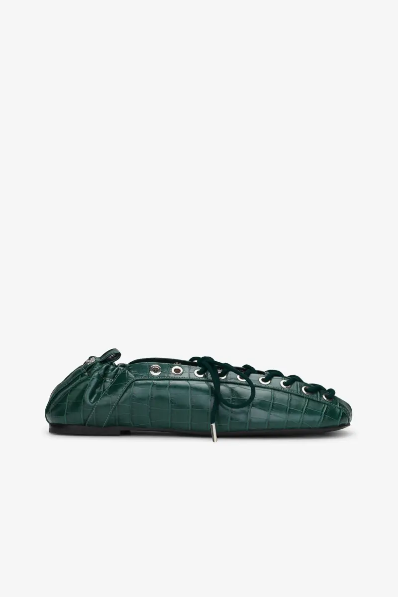 Lace-Up Ballerinas in Green Croco Lace-Up Ballerinas in Green Croco