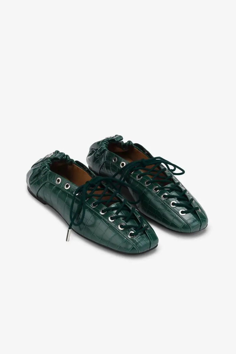 Lace-Up Ballerinas in Green Croco Lace-Up Ballerinas in Green Croco