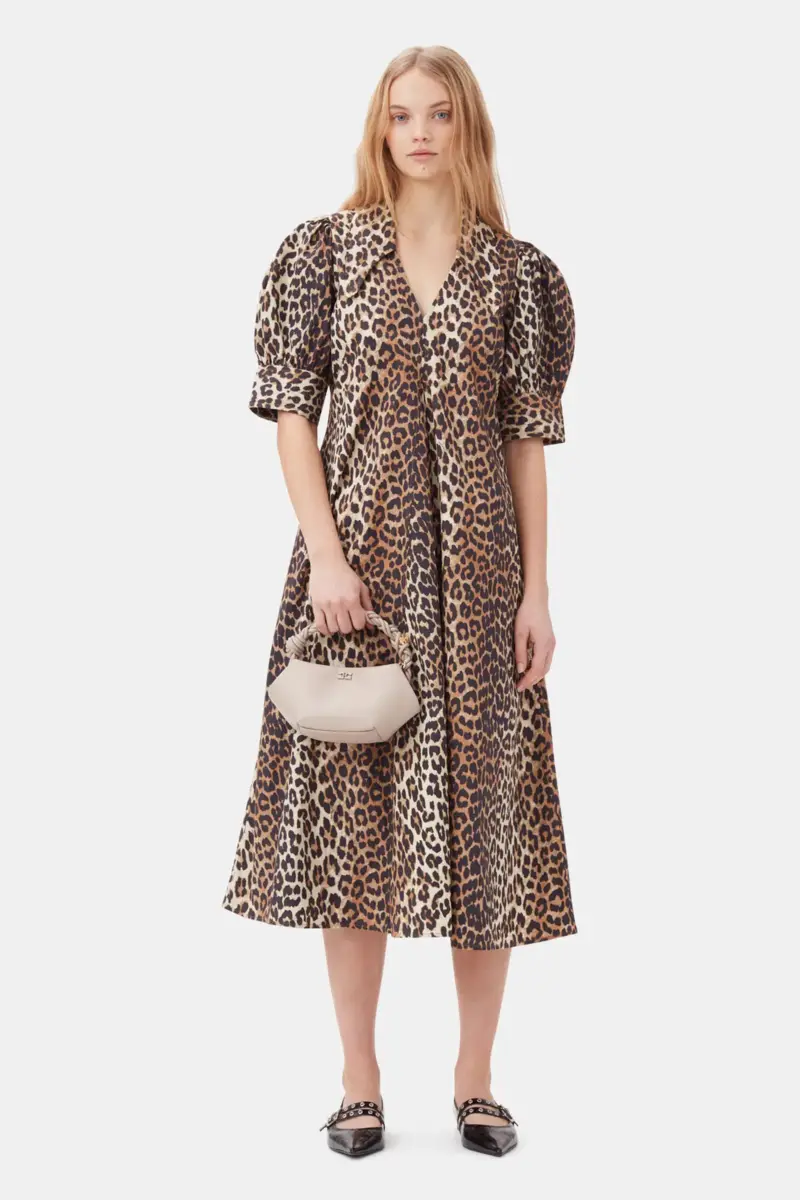Leopard Cotton Poplin V-neck Maxi Dress