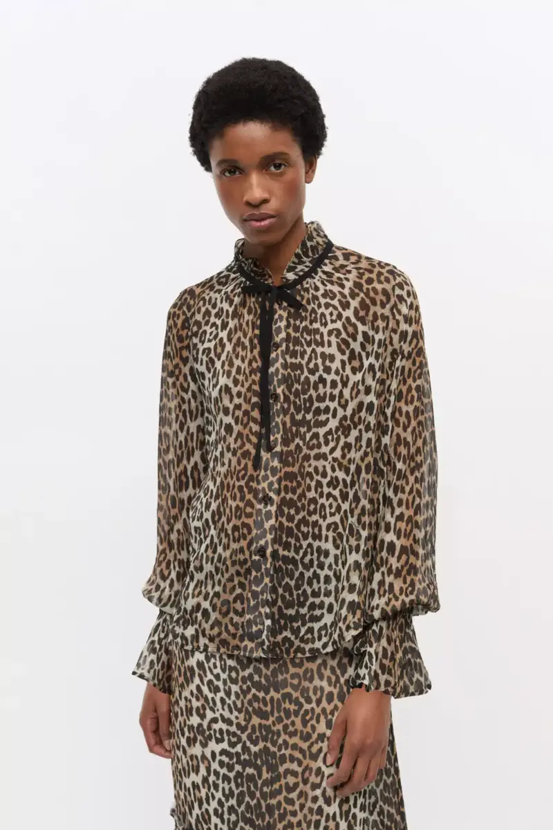 Leopard Print Chiffon Tie String Shirt