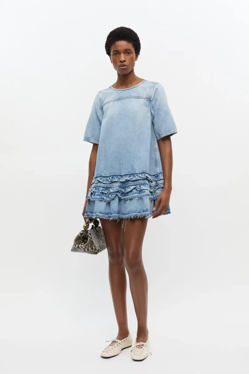 Light Blue Denim Frill Mini Dress