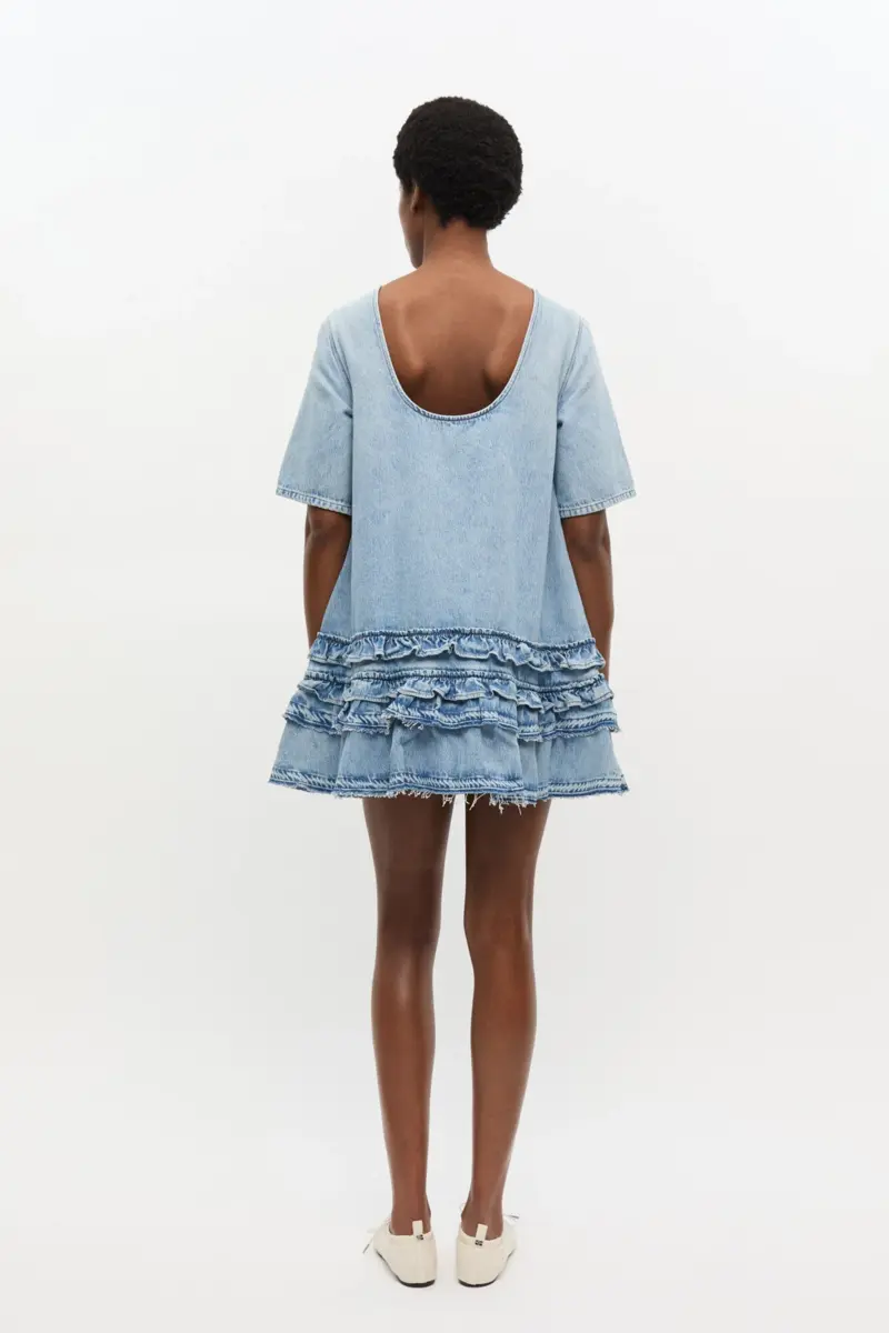 Light Blue Denim Frill Mini Dress