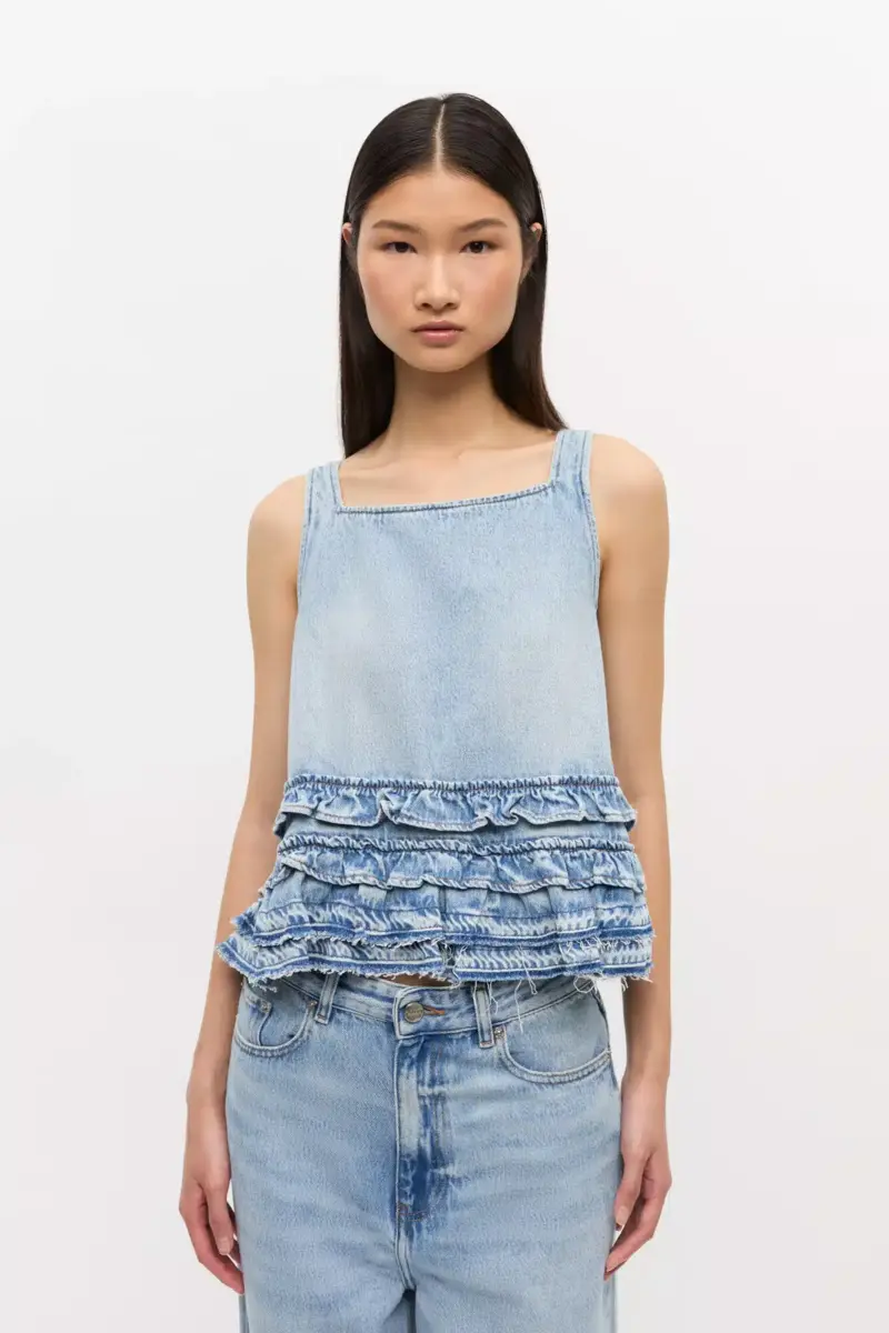 light blue denim frill top 2 - Light Blue Denim Frill Top