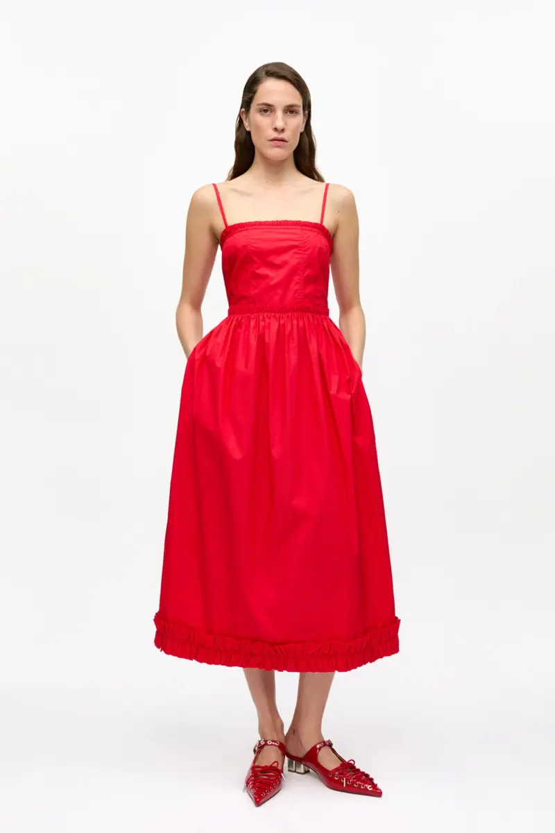 Red Cotton Poplin Strap Dress