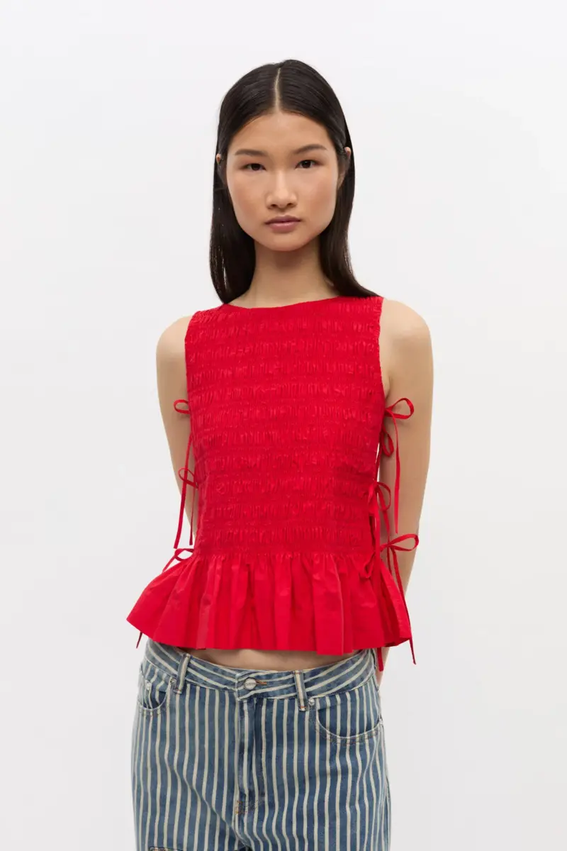 Red Cotton Smock Tie Top