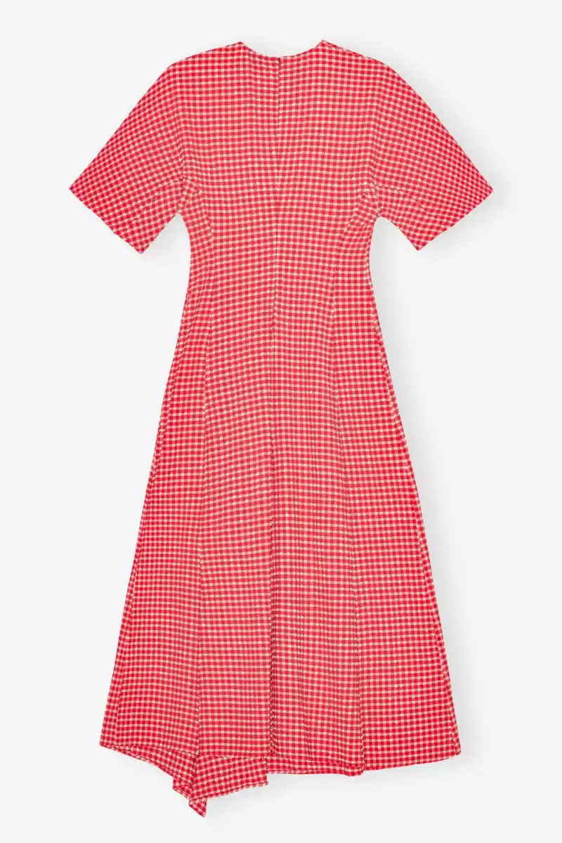 Red Stretch Seersucker Slit Dress