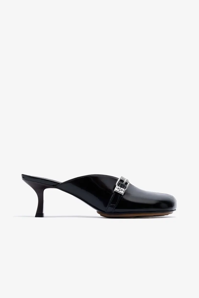 Sue Heeled Mules in Black Oleatex