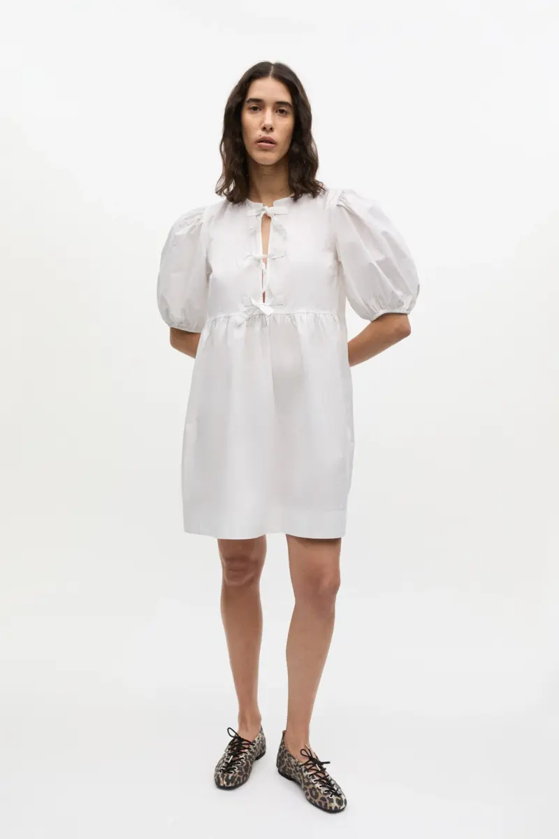White Cotton Poplin Tie String Mini Dress